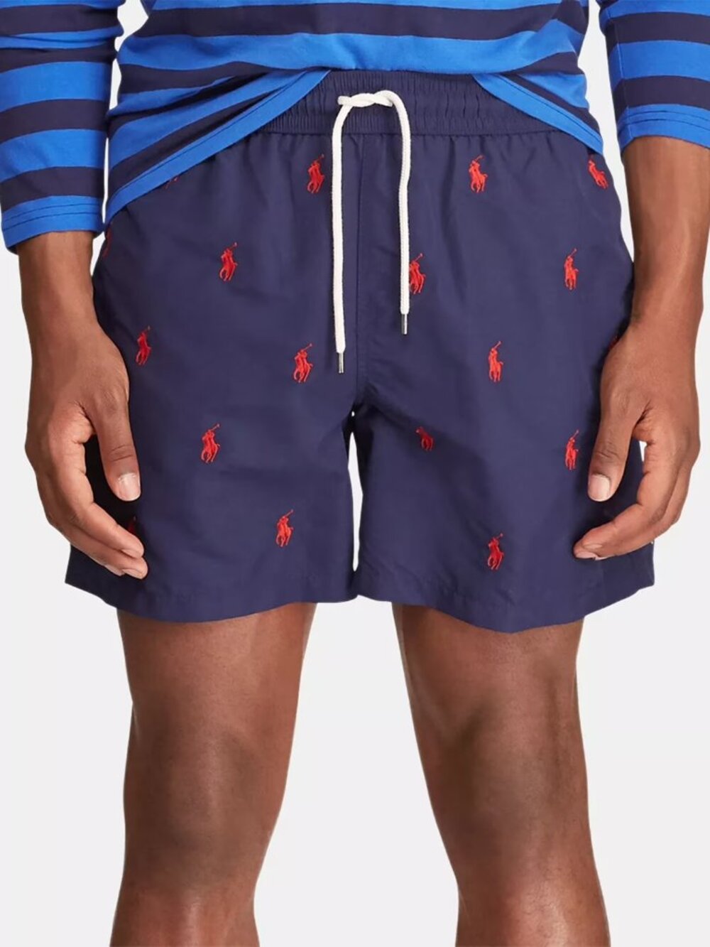 POLO RALPH LAUREN Traveler Navy Red Embroidered Pony Logo Swim Shorts, Size M